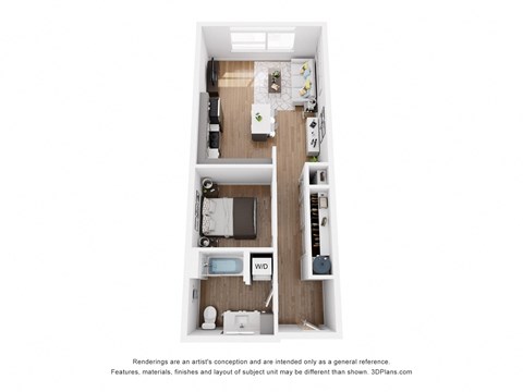 Floor plan for 1 bed, 1 bath, 587 sqft